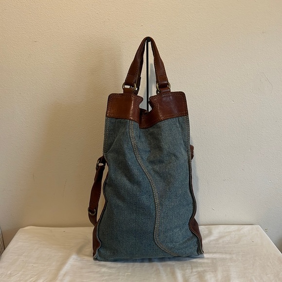 Lucky Brand Bags Lucky Brand Abbey Road Blue Denim Foldover Shoulder Bag Brown Leather Trim